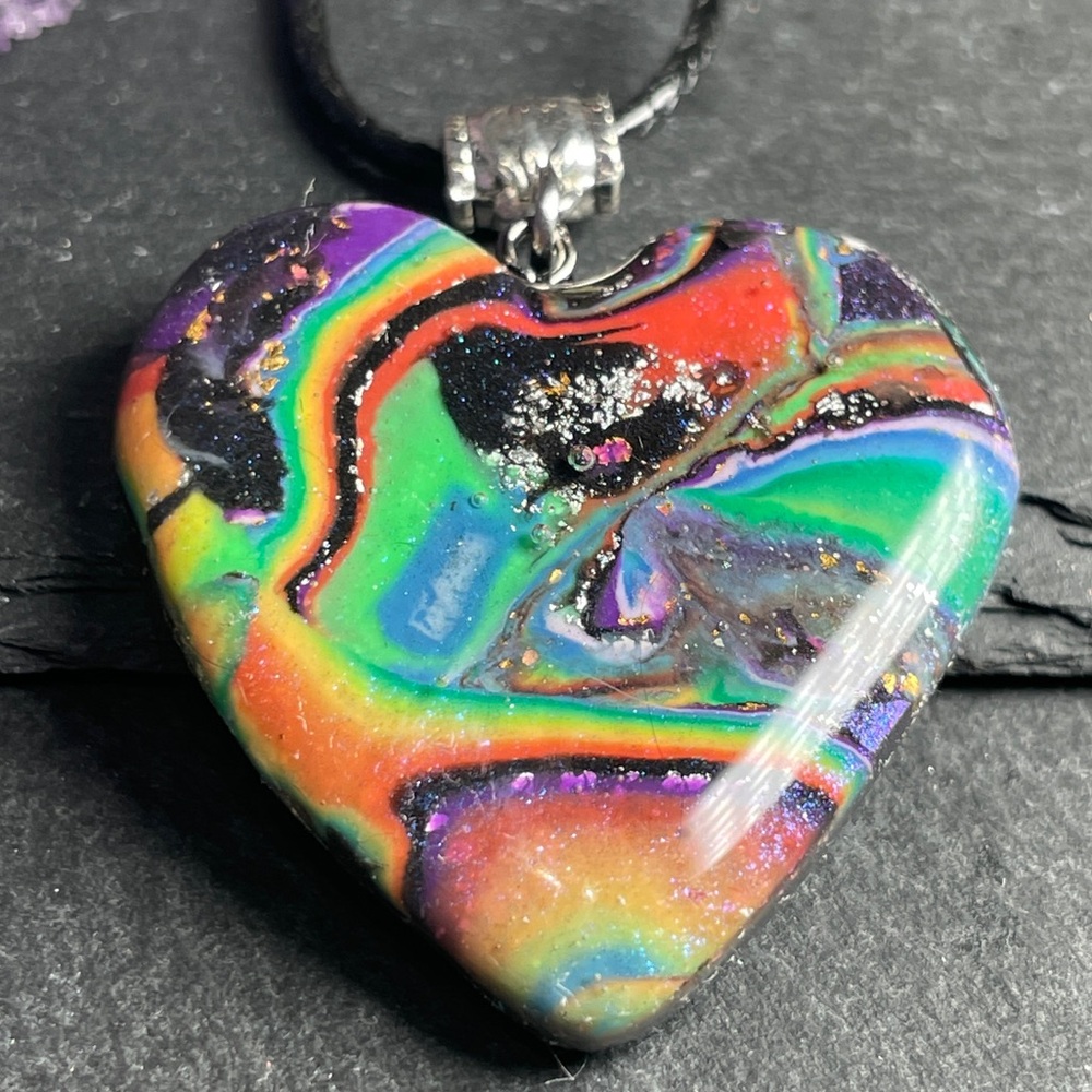 Lisa Frank Inspired Rainbow Galaxy Heart Pendant Necklace Hand Crafted - Picture 5 of 14